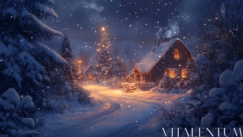 Snow-covered cabin and illuminated trees during evening snowfall