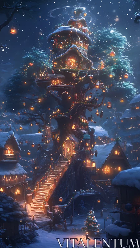 Snow-covered vertical village encircles a multi-level tree