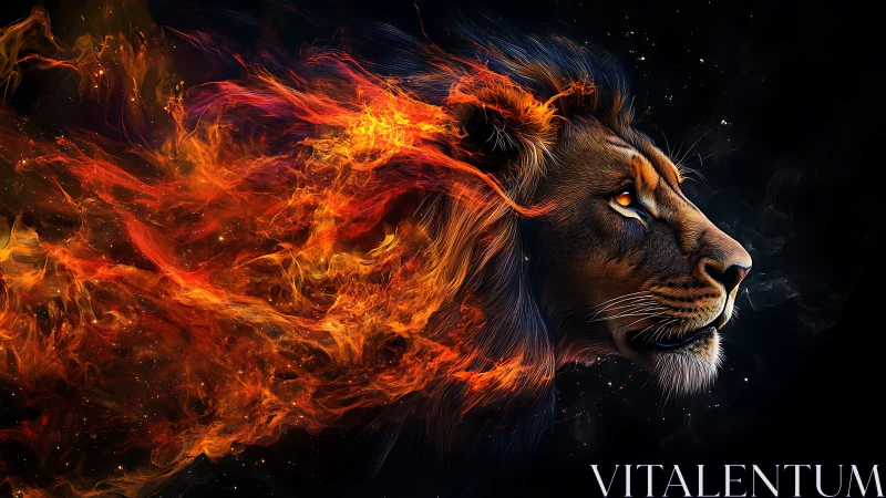 Fiery lion profile merges with streaming cosmic flames