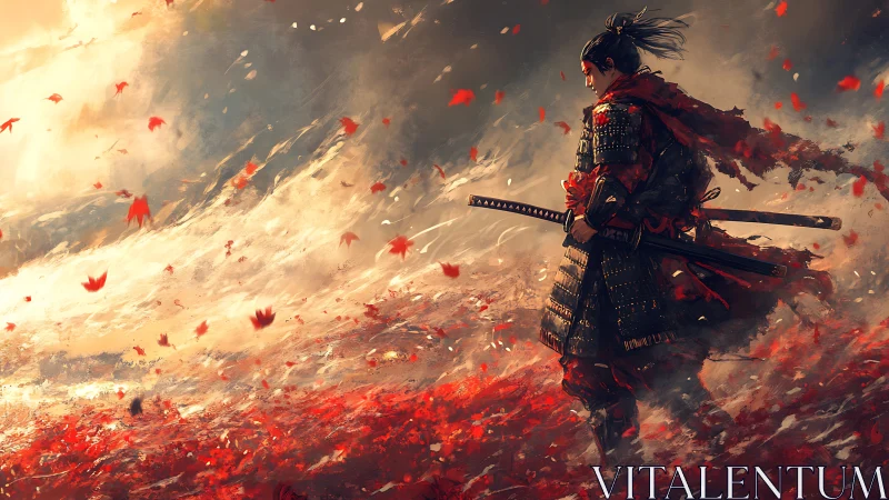 Lone samurai walks through a storm of crimson autumn leaves.