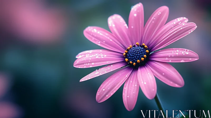 Pink Daisy with Dewdrops Against Blurred Teal Backdrop.