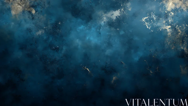 Deep blue abstract cloud field with golden light flecks.