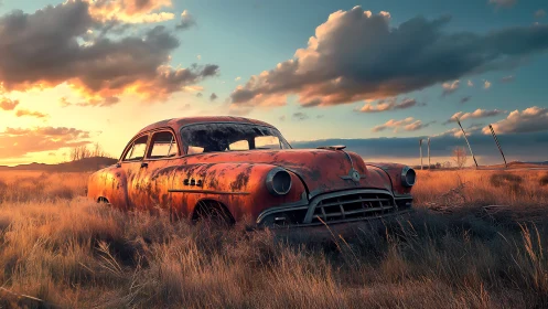 Weathered vintage car in overgrown rural grassland at dusk.