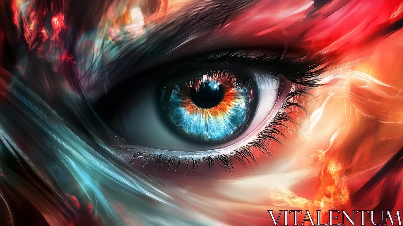 Vibrant cosmic eye glowing with swirling fiery color and light.