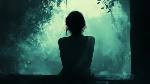 Silhouette of seated figure before diffuse teal window light.