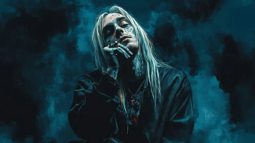 Moody tattooed rebel in blue smoke with quiet intensity.