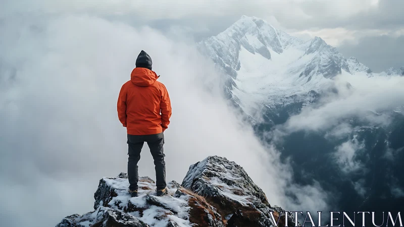 Solitary hiker on snowy ridge facing clouded alpine peak.