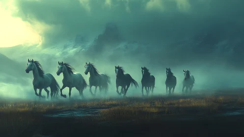 Wild white horses charge across a misty mountain plain