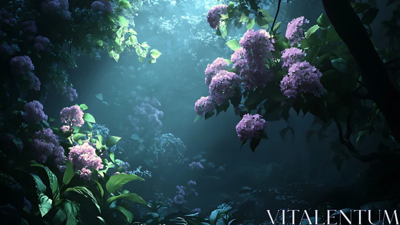 Hydrangea shrubs under diffuse moonlit forest canopy.