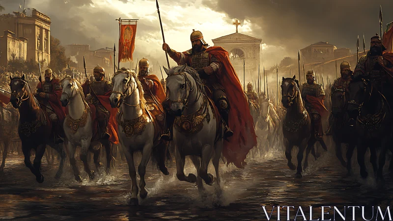 Imperial cavalry formation entering late antique city street.