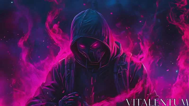 Neon-masked hooded figure in magenta plasma flame vortex