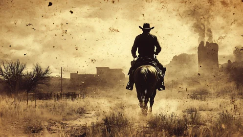 Lone cowboy rides through sepia desert toward hazy frontier town.