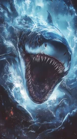 Abyssal titan shark erupts from storm-torn cosmic ocean.