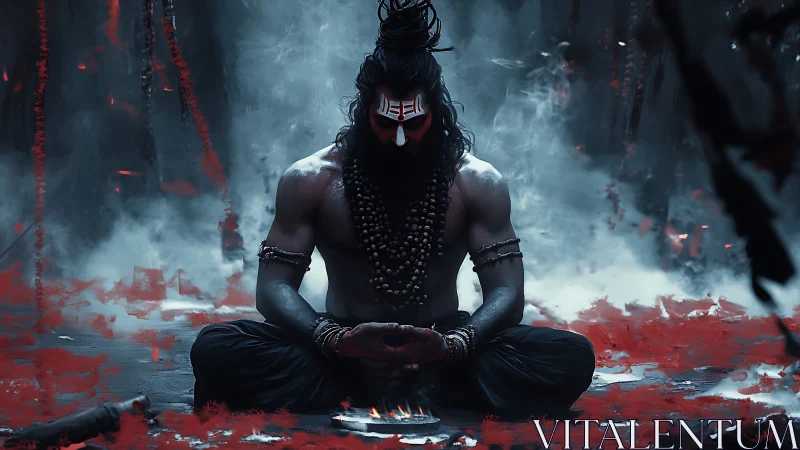 Shiva inspired ascetic figure in smoke filled ritual setting.
