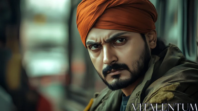 Intense turbaned man in shallow‑focus urban transit portrait.
