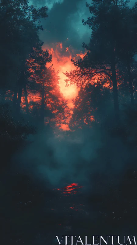 Sunset Through Dark Forest. Glowing Orb Breaks Twilight.