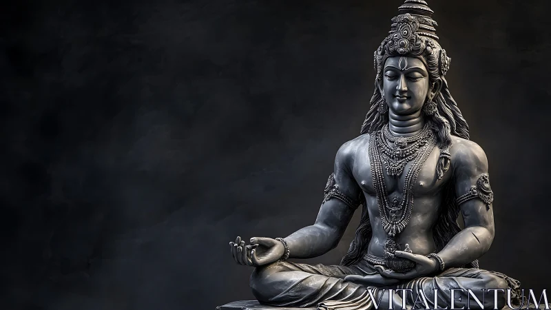 Serene meditative deity statue radiates calm against darkness