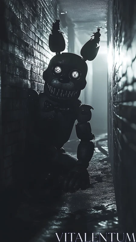 Creepy animatronic rabbit lurking in a dark wet alley.