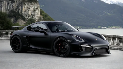 Matte black sports coupe poised beside serene mountain lake.