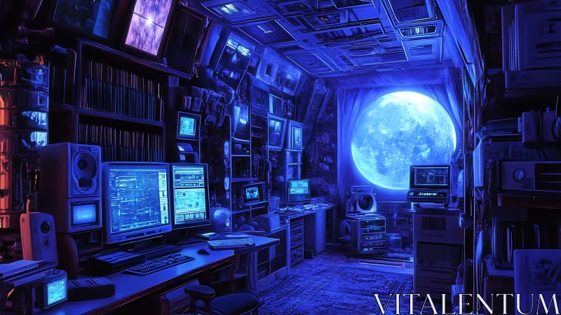 Cybernetic moonlit workstation with neon-blue interfaces.