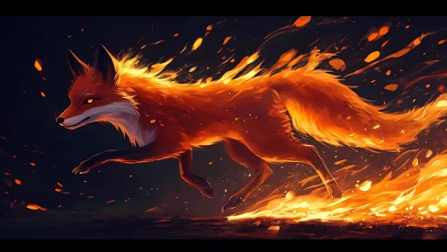 Fox silhouette moves through stylized flame and ember field