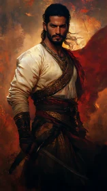 Firelit warrior portrait with ornate textiles and steel blade.