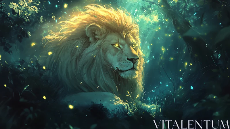 Golden-maned lion rests peacefully in glowing forest night
