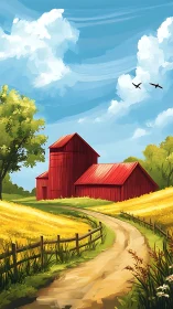 Red barn beside dirt road amid yellow rural fields.