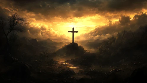 Lone hilltop cross under storm-bright resurrection sky.