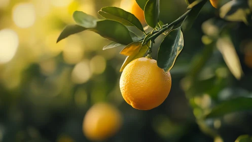 Single ripe lemon hanging on leafy branch in sunlight.