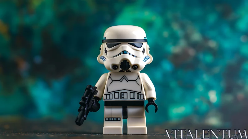 LEGO stormtrooper minifigure stands centered against teal bokeh
