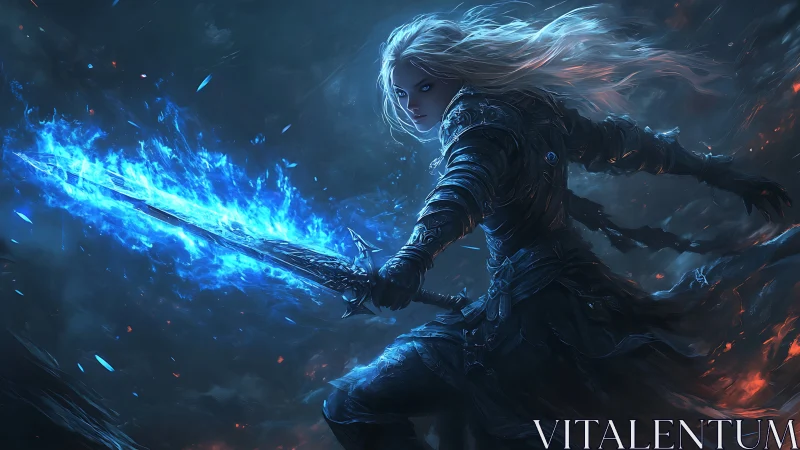 Armored figure wields blue energy sword in dark environment