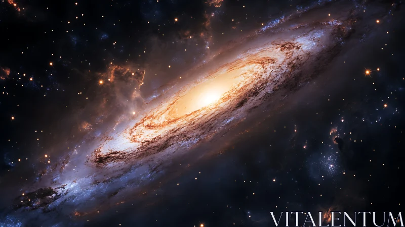 Spiral galaxy core glows within dense star field in space