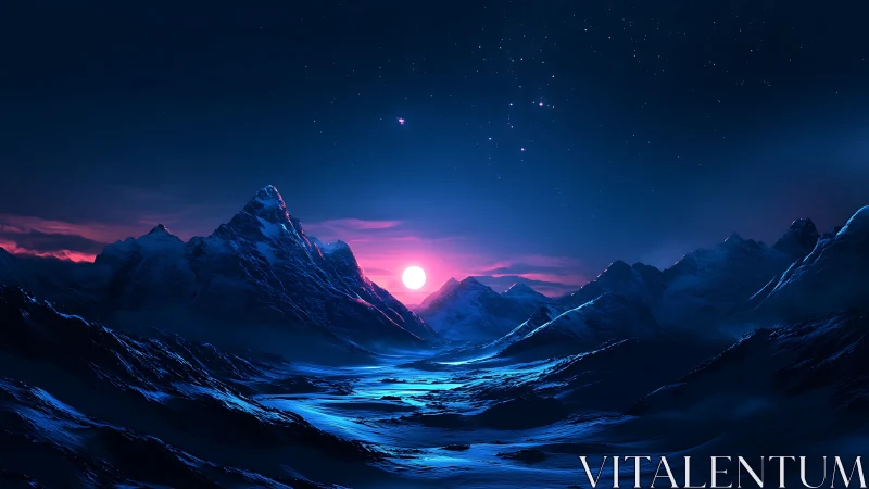 Gentle moonrise over tranquil icy mountain valley at night.