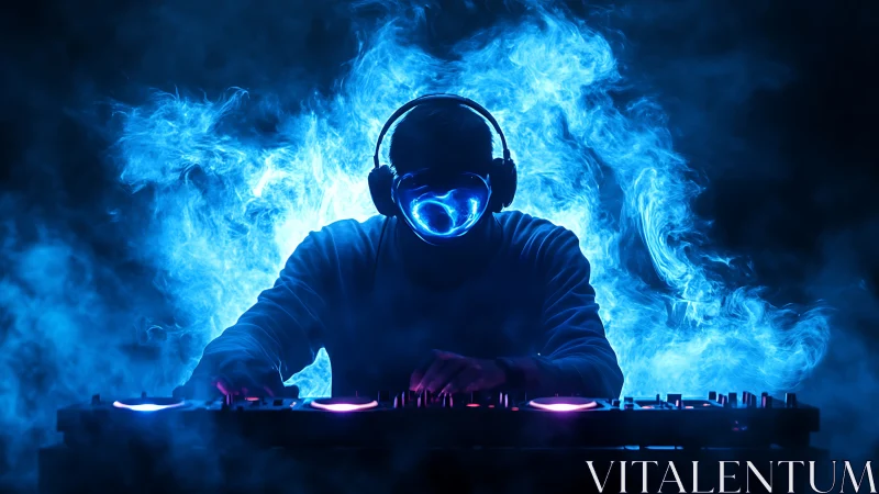 DJ in headphones performs at mixer amid blue smoke glow