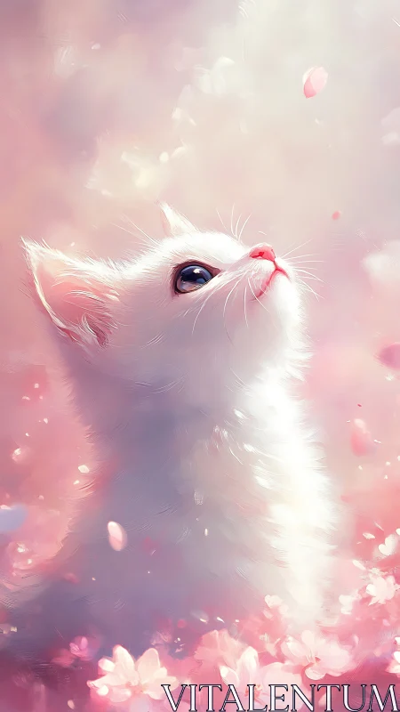 White Cat Gazes Upward in Ethereal Pink Bloom Atmosphere