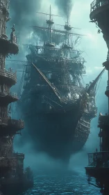 Large multi-masted ship advances through dense coastal fog