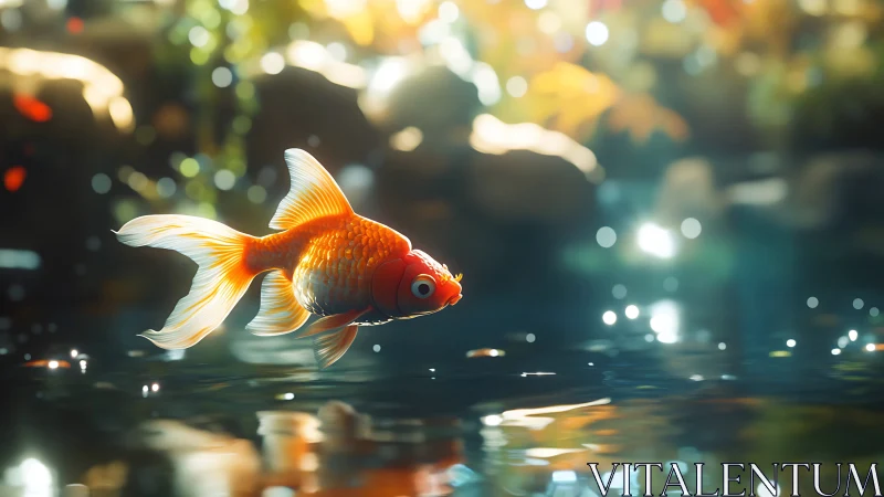 Goldfish drifts through glittering pond light like quiet starlight