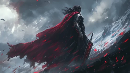 Stormbound warrior gazes over a wild, wind torn mountain pass