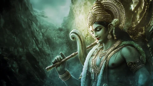 Divine warrior deity in ornate armor amid misted ravine.