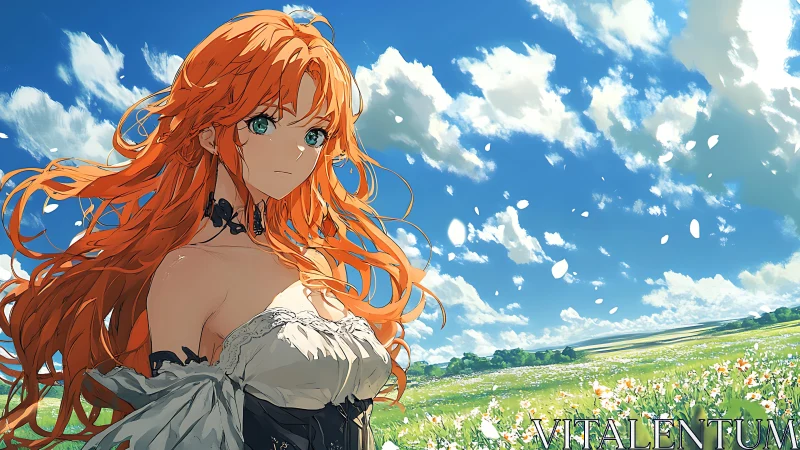 Red haired anime woman stands in a flower field under clouds