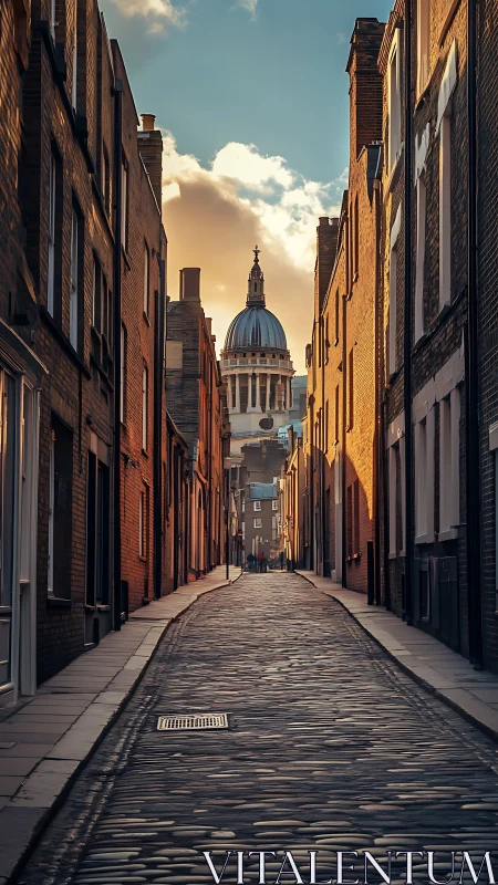 Sunlit cobblestone alley leads toward a grand city dome