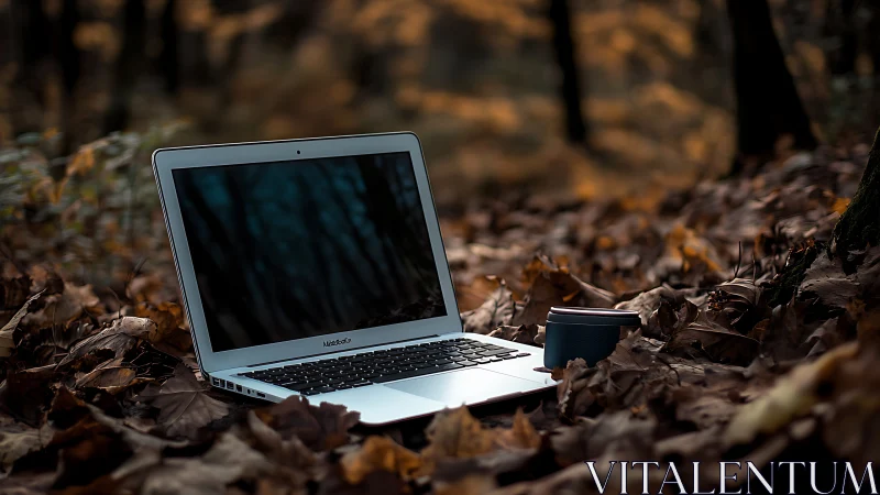 Ultrabook laptop with travel mug on autumn forest leaf floor