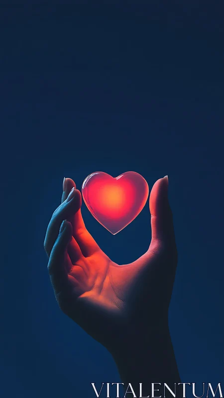 Hands Holding Illuminated Heart Form Against Dark Blue
