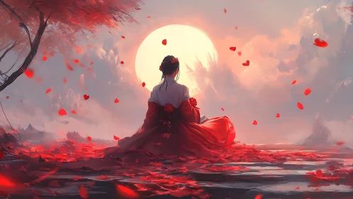 Backlit robed silhouette before oversized solar disc at dusk.