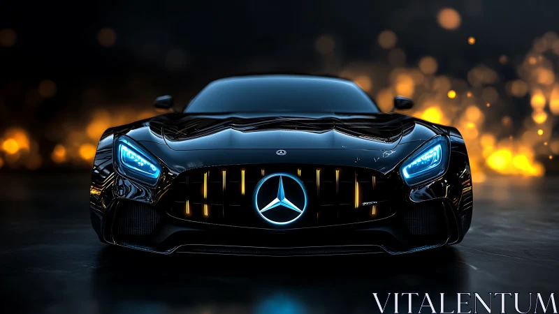 Midnight performance car glows boldly against golden lights