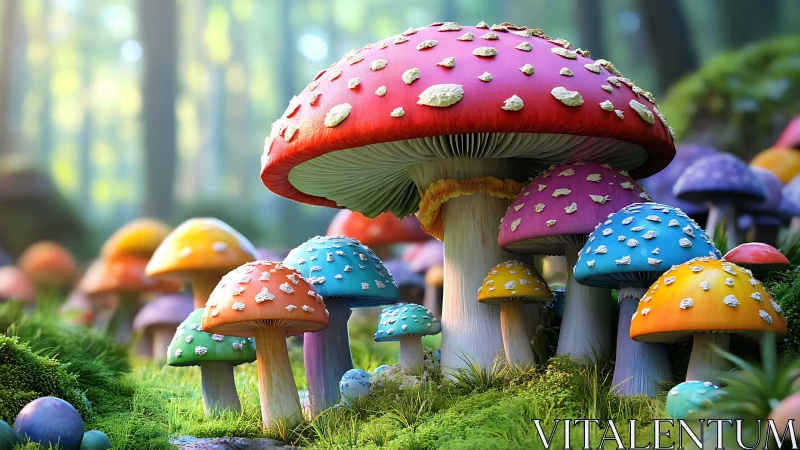 Chromatic macro mycology cluster with stylized forest bokeh.