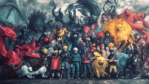 Group portrait of stylized ninja characters and tailed beasts.