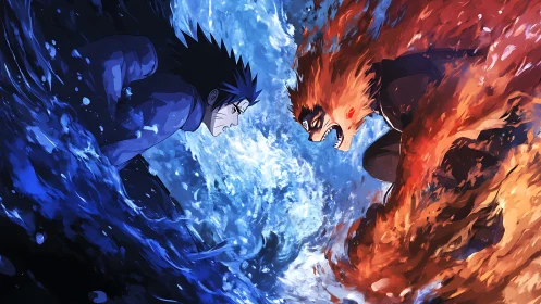 Intense anime duel of blue water versus red fire powers.