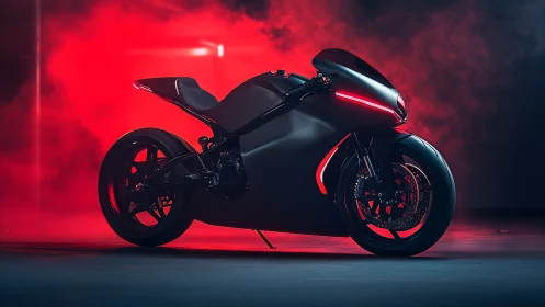 Sleek futuristic motorcycle glowing in bold red light.